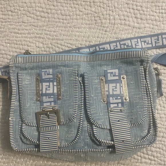 Denim Stripe Accent Shoulder Bag with Dual Front Pockets